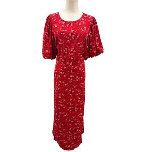 Old Navy Red Floral Puff Sleeve Midi Dress XL Smocked Open Back Cottagecore